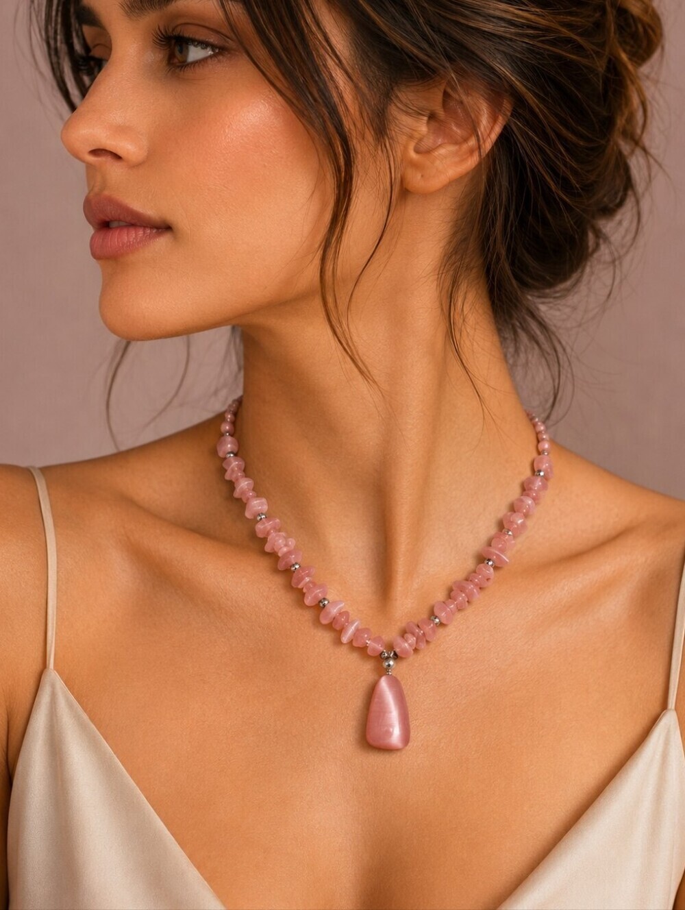 Vintage Pink Cat's Eye Chip Beaded Pendant Necklace
